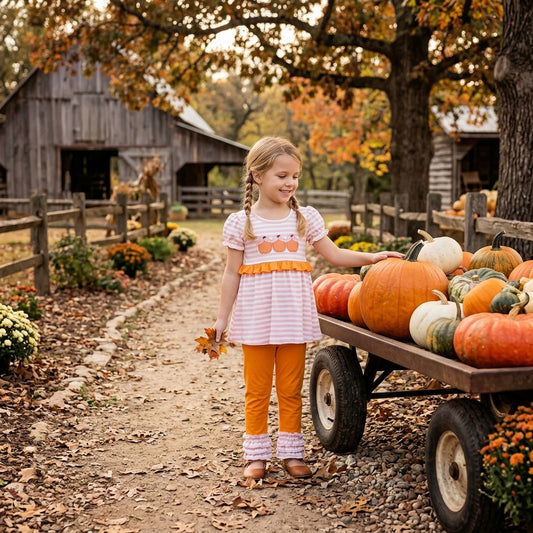 Embroidery Bow Pumpkins Baby Girls Stripe Tunic Ruffle Pant Fall Clothes Sets