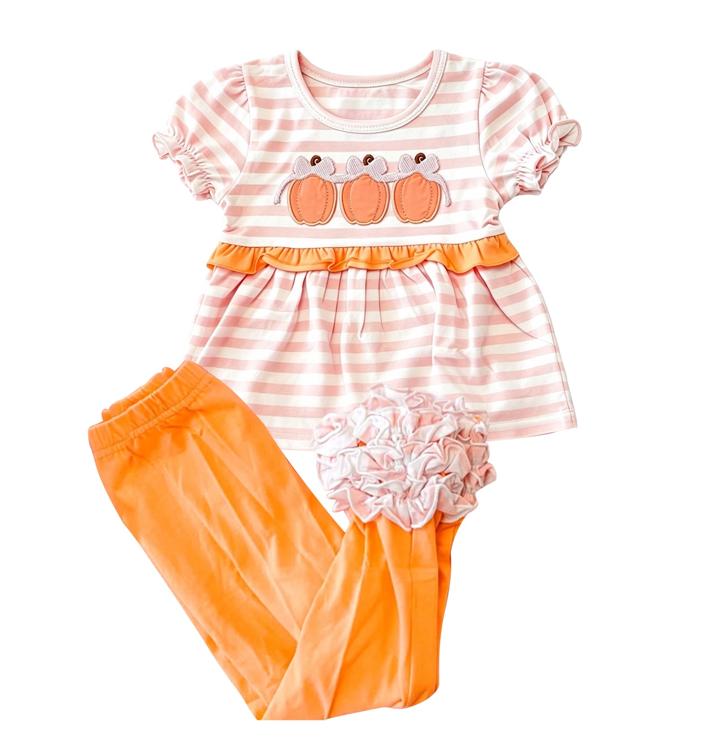 Preorder moq 5 Baby Girls Bow Pumpkins Stripe Tunic Ruffle Pant Fall Clothes Sets