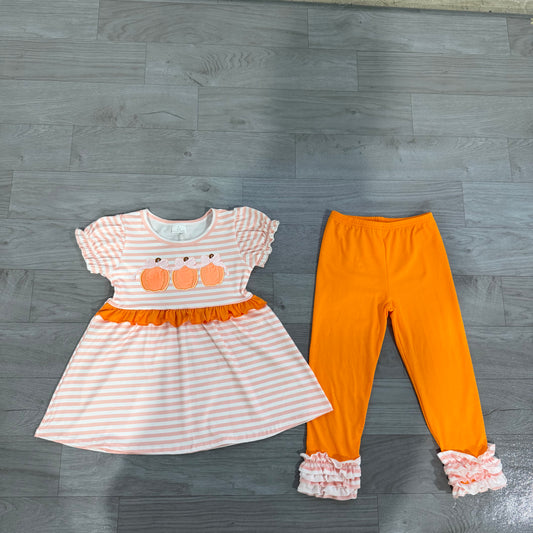 Embroidery Bow Pumpkins Baby Girls Stripe Tunic Ruffle Pant Fall Clothes Sets Preorder