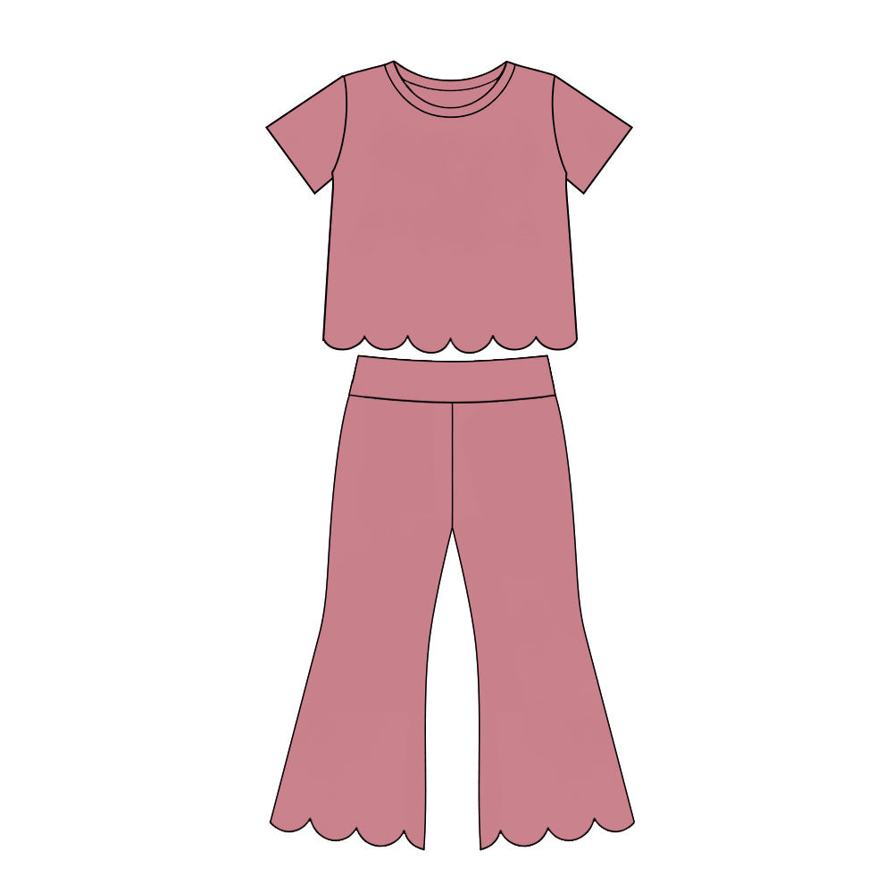 Preorder moq 5 Baby Girls Pink Short Sleeve Shirts Top Flare Pant Scallop Clothes Sets