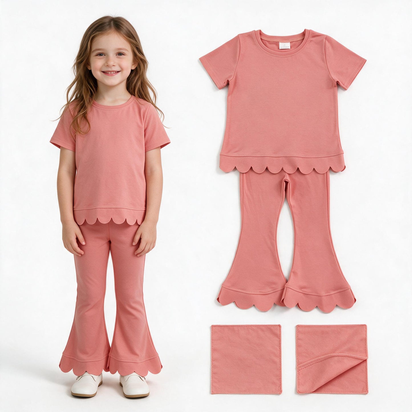 Baby Girls Pink Short Sleeve Shirts Top Bell Bottom Pant Scallop Clothes Sets