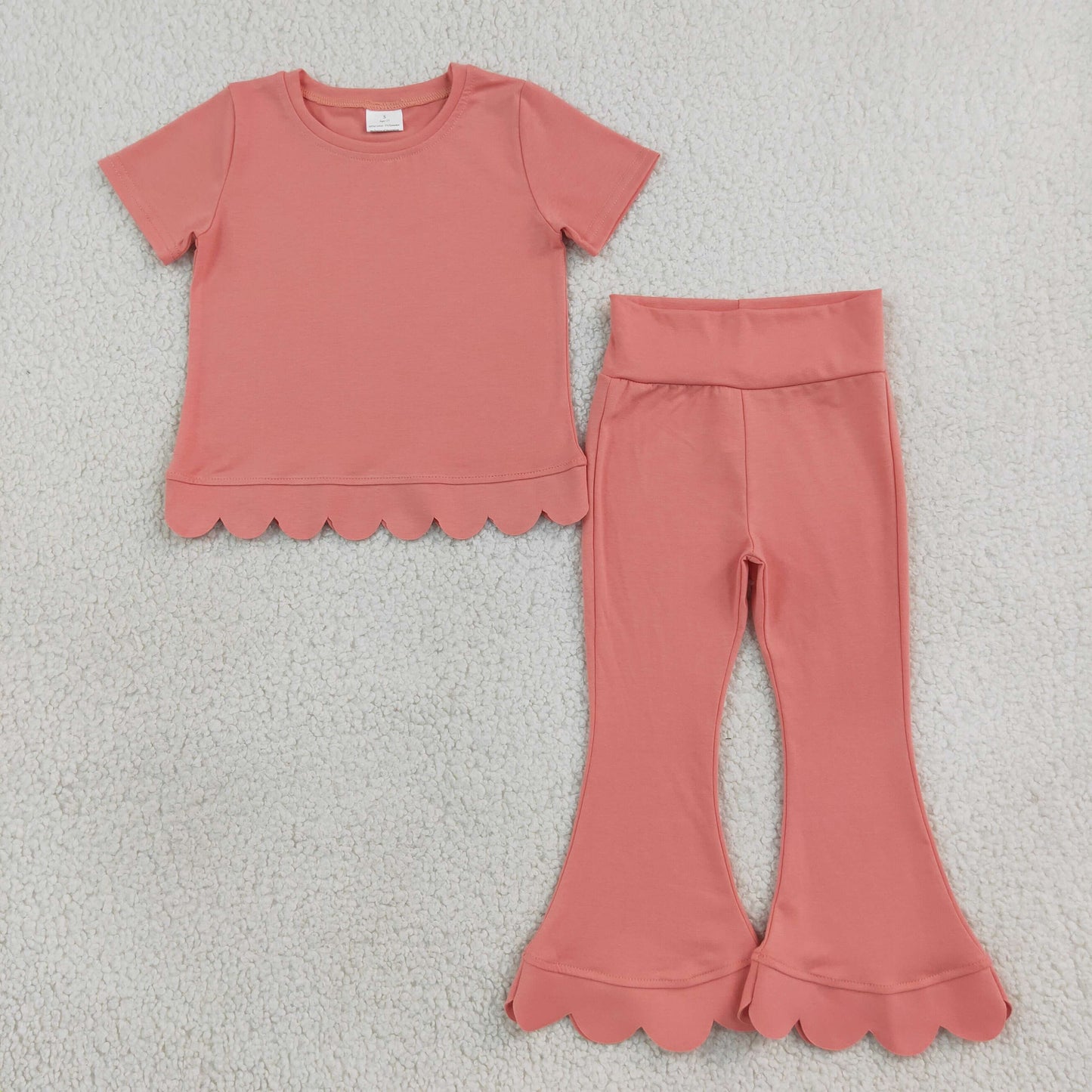 Baby Girls Pink Short Sleeve Shirts Top Bell Bottom Pant Scallop Clothes Sets