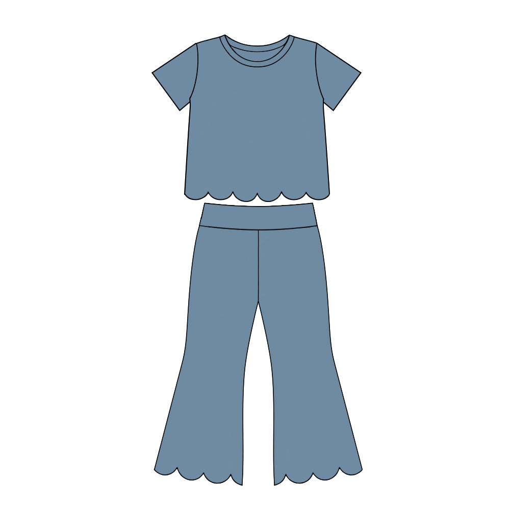 Preorder moq 5 Baby Girls Blue Short Sleeve Shirts Top Flare Pant Scallop Clothes Sets