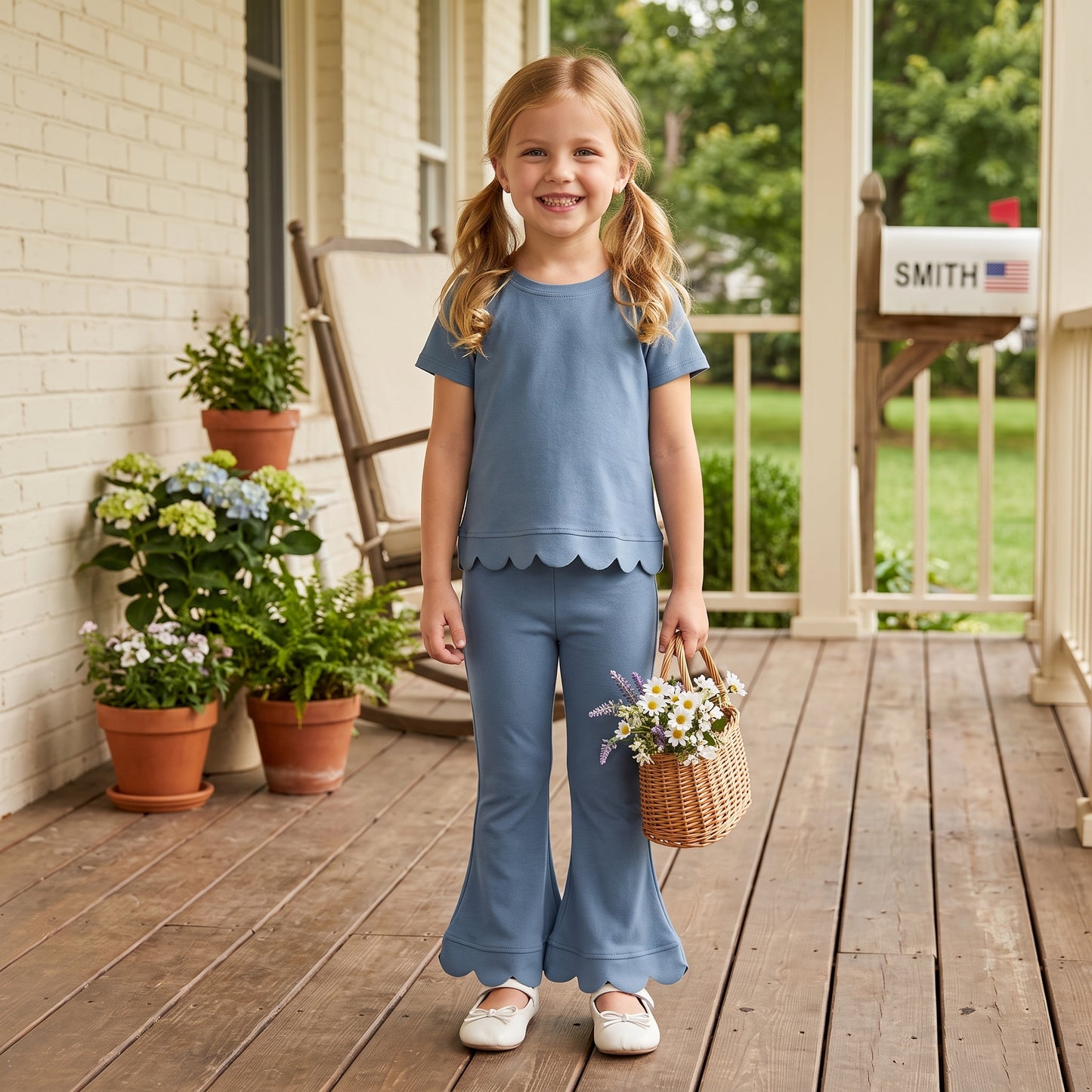 Baby Girls Grey Blue Short Sleeve Top Flare Pant Scallop Clothes Sets