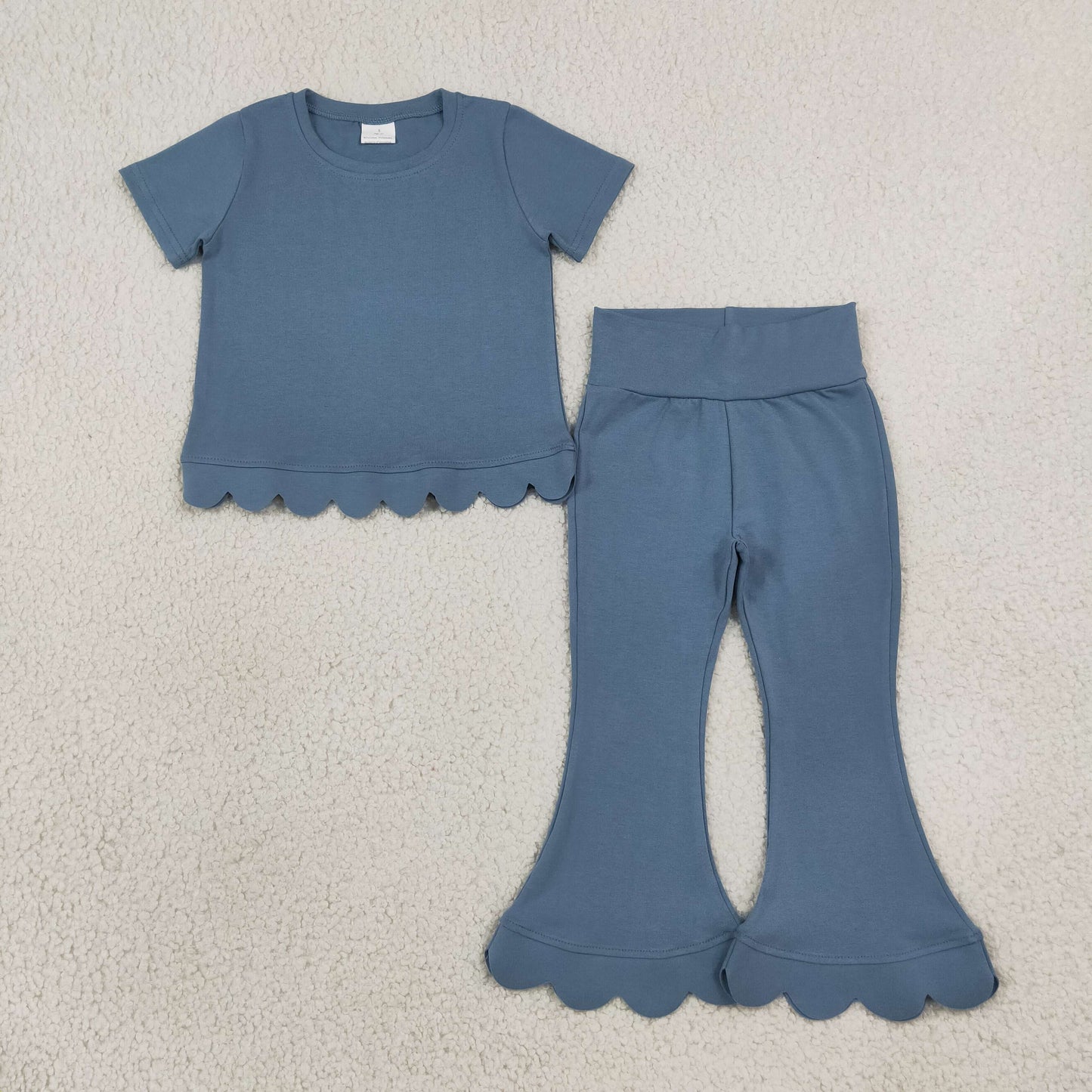 Baby Girls Grey Blue Short Sleeve Top Flare Pant Scallop Clothes Sets