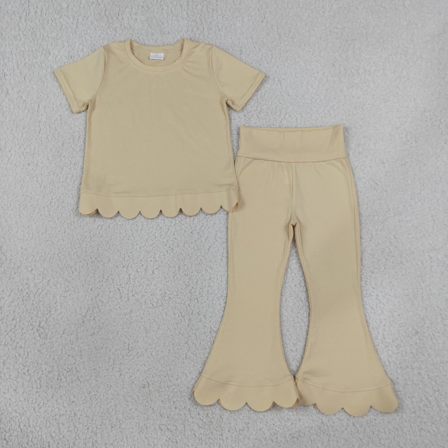 Baby Girls Yellow Short Sleeve Top Bell Bottom Pant Scallop Clothes Sets