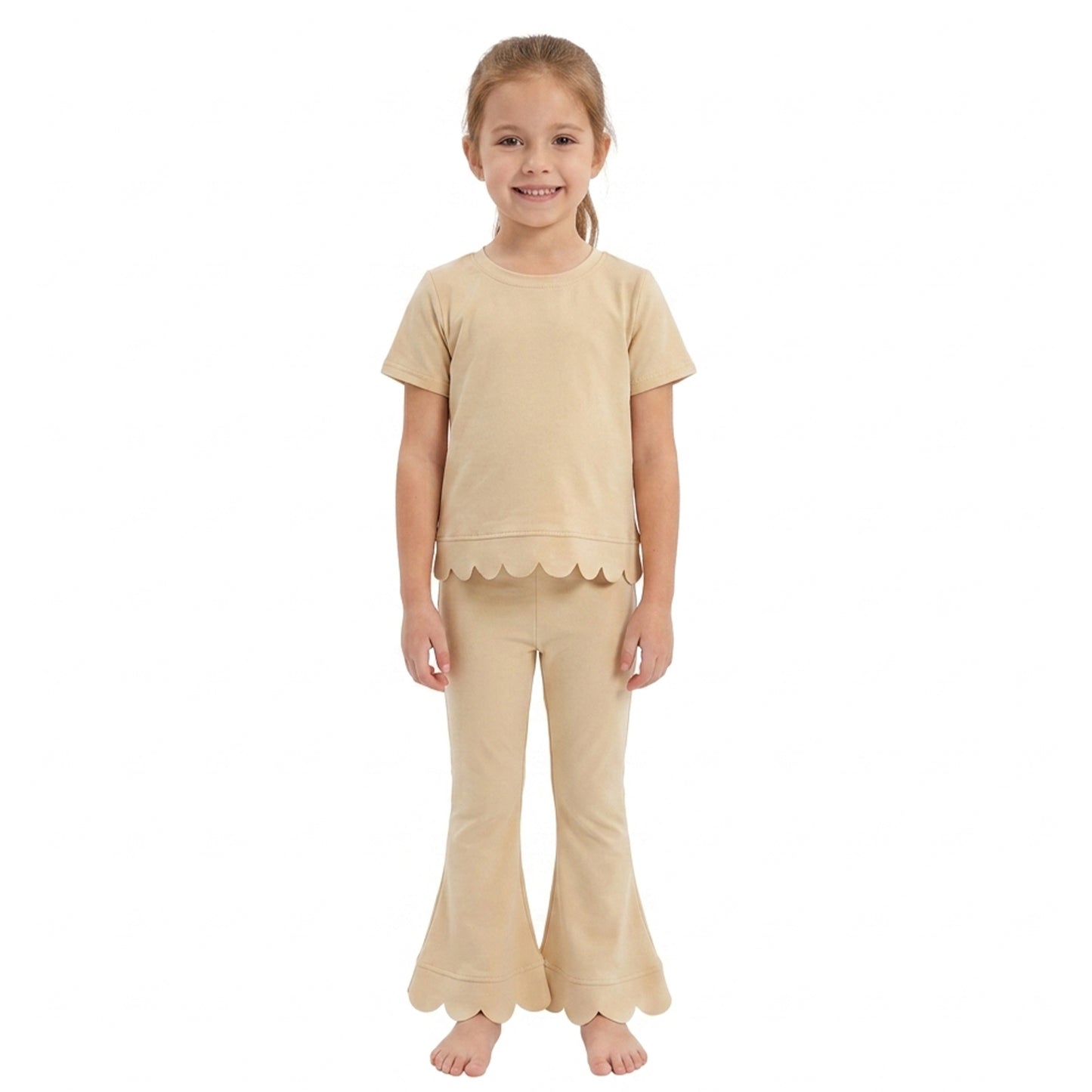 Baby Girls Yellow Short Sleeve Top Bell Bottom Pant Scallop Clothes Sets