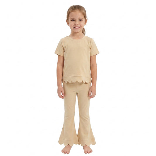 Baby Girls Yellow Short Sleeve Top Bell Bottom Pant Scallop Clothes Sets