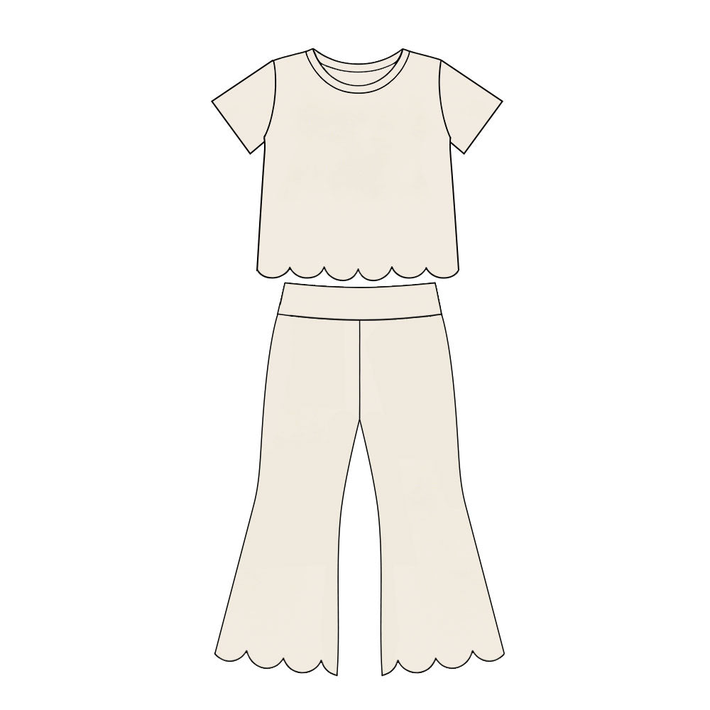 Preorder moq 5 Baby Girls White Short Sleeve Shirts Top Flare Pant Scallop Clothes Sets