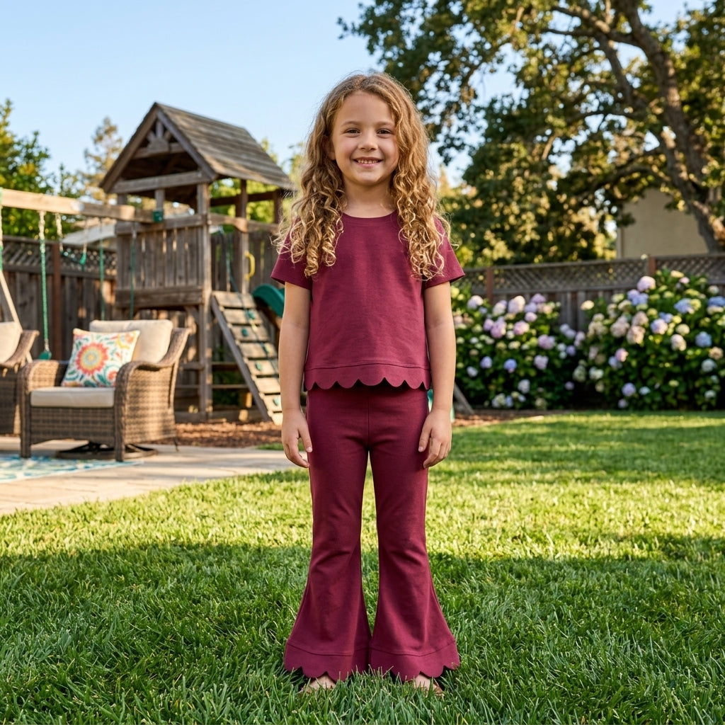Baby Girls Red Short Sleeve Shirts Top Flare Pant Scallop Clothes Sets