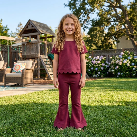 Baby Girls Red Short Sleeve Shirts Top Flare Pant Scallop Clothes Sets