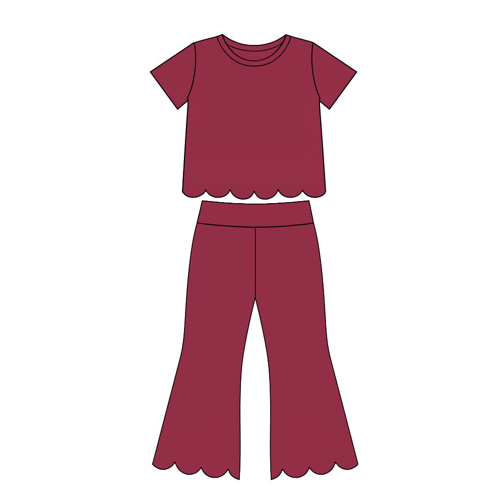 Preorder moq 5 Baby Girls Red Short Sleeve Shirts Top Flare Pant Scallop Clothes Sets