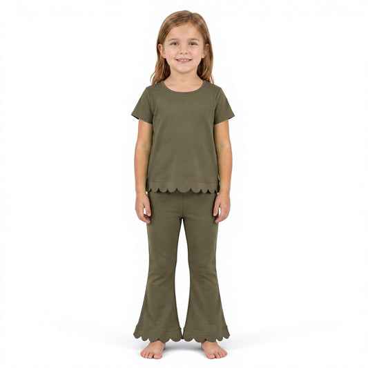 Baby Girls Olive Short Sleeve Top Flare Pant Scallop Clothes Sets