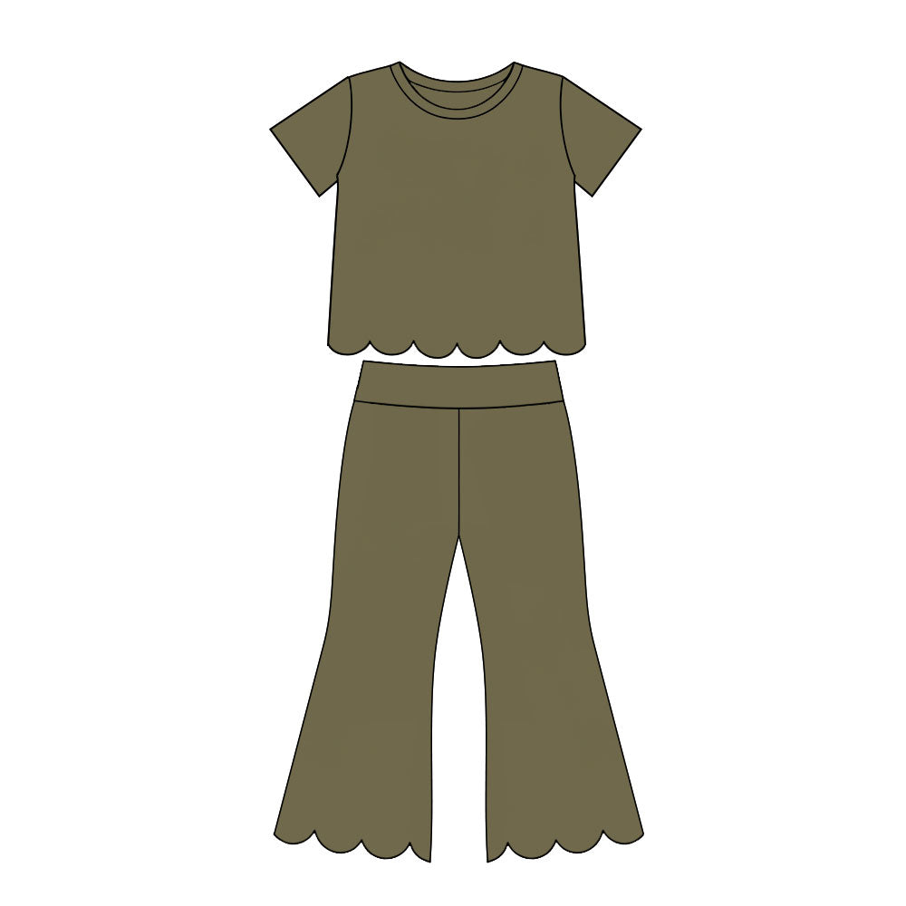 Preorder moq 5 Baby Girls Olive Short Sleeve Shirts Top Flare Pant Scallop Clothes Sets