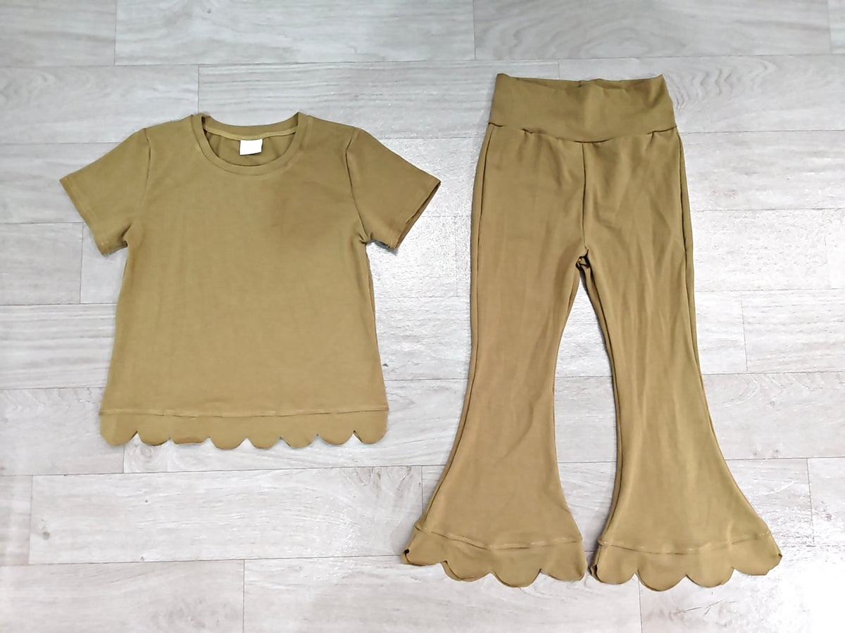 Baby Girls Olive Short Sleeve Top Flare Pant Scallop Clothes Sets Preorder