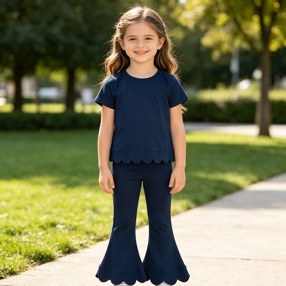 Baby Girls Navy Short Sleeve Top Bell Bottom Pant Scallop Clothes Sets