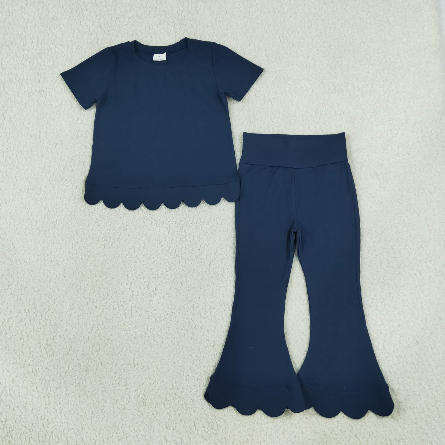 Baby Girls Navy Short Sleeve Top Bell Bottom Pant Scallop Clothes Sets