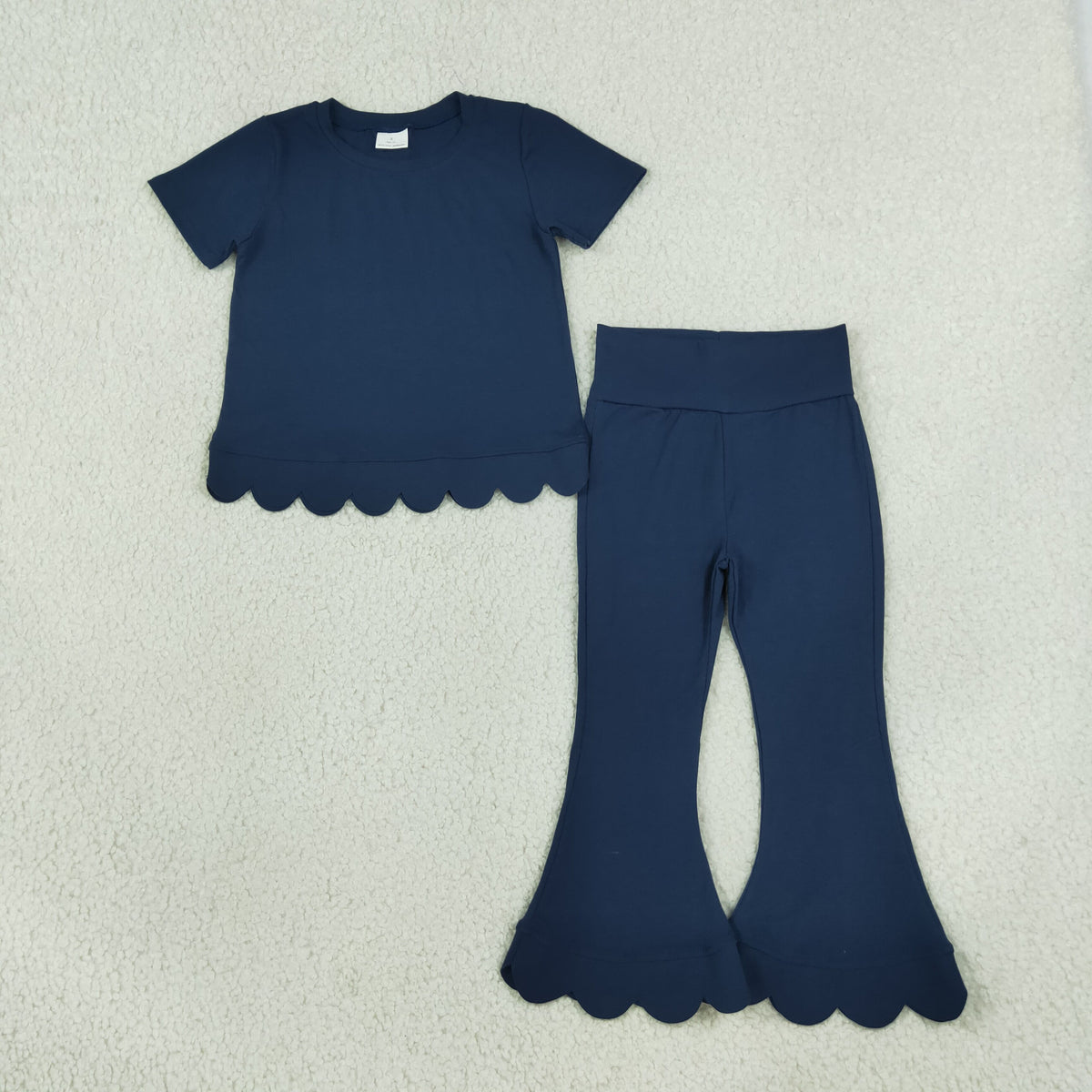 Sibling Baby Girls Short Sleeve Colorful Top Bell Bottom Pant Scallop Clothes Sets
