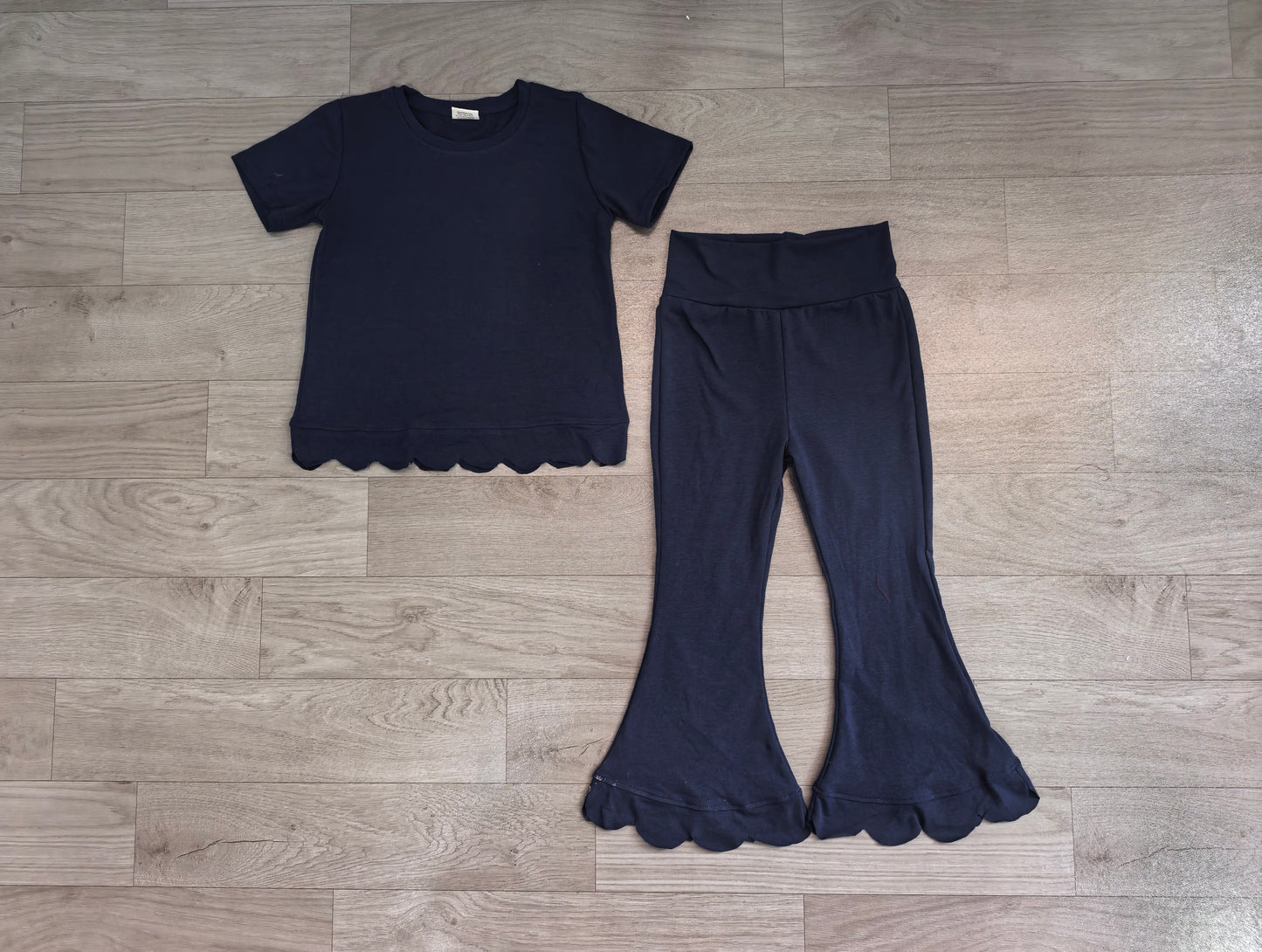 Baby Girls Navy Short Sleeve Shirts Top Flare Pant Scallop Clothes Sets Preorder