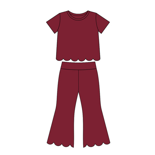 Baby Girls Maroon Short Sleeve Shirts Top Flare Pant Scallop Clothes Sets Preorder