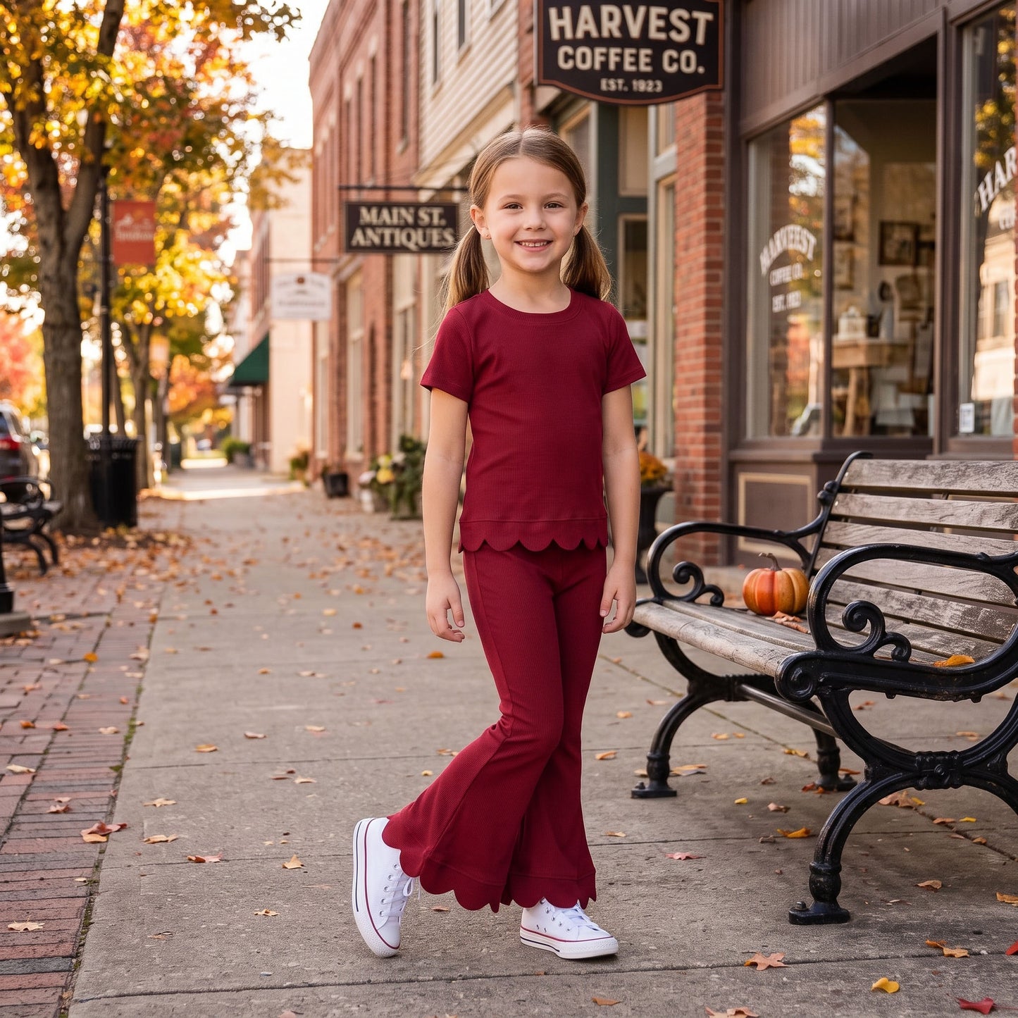 Baby Girls Maroon Short Sleeve Top Bell Bottom Pant Scallop Clothes Sets