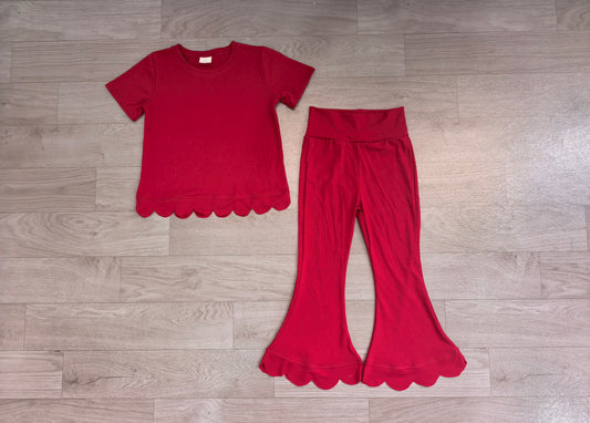 Baby Girls Maroon Short Sleeve Shirts Top Flare Pant Scallop Clothes Sets Preorder