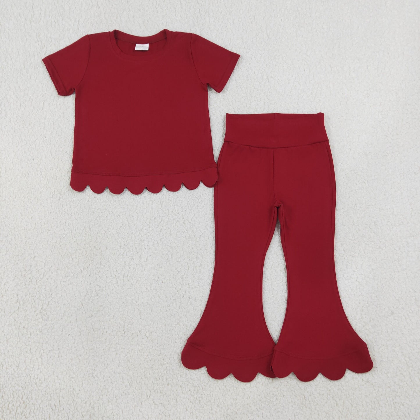 Baby Girls Maroon Short Sleeve Top Bell Bottom Pant Scallop Clothes Sets