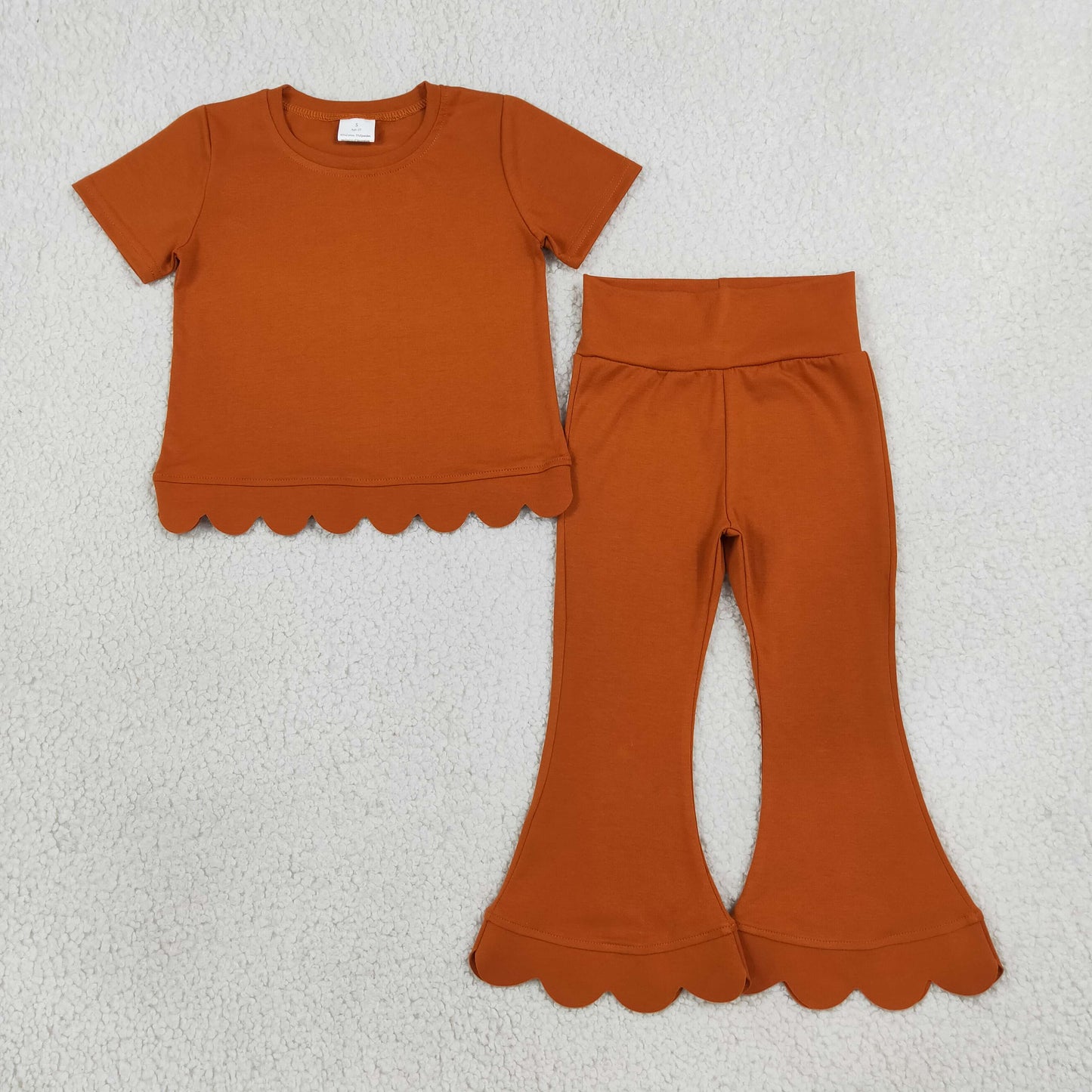 Baby Girls Orange Short Sleeve Shirts Top Bell Bottom Pant Scallop Clothes Sets