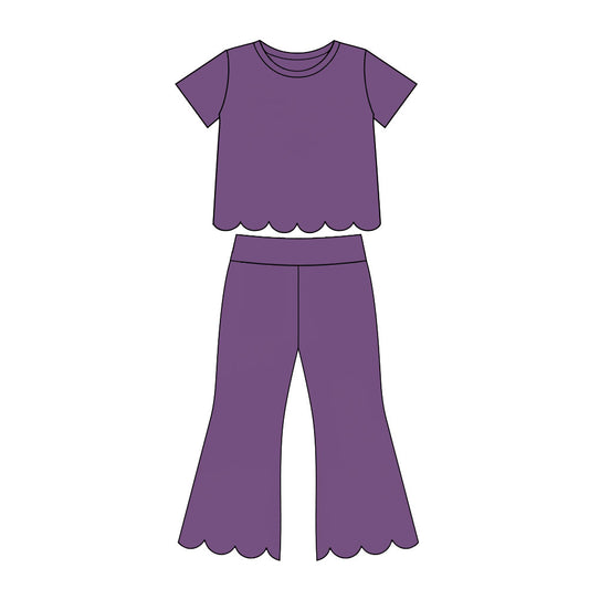 Baby Girls Purple Short Sleeve Shirts Top Flare Pant Scallop Clothes Sets Preorder