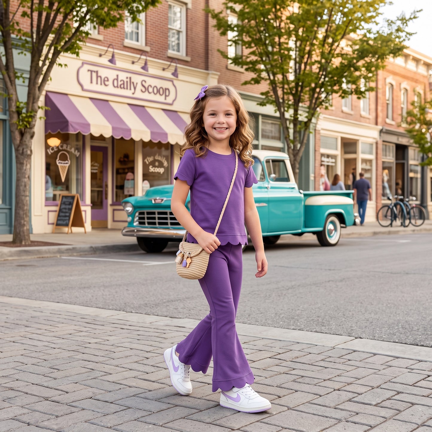 Baby Girls Purple Short Sleeve Shirts Top Flare Pant Scallop Clothes Sets