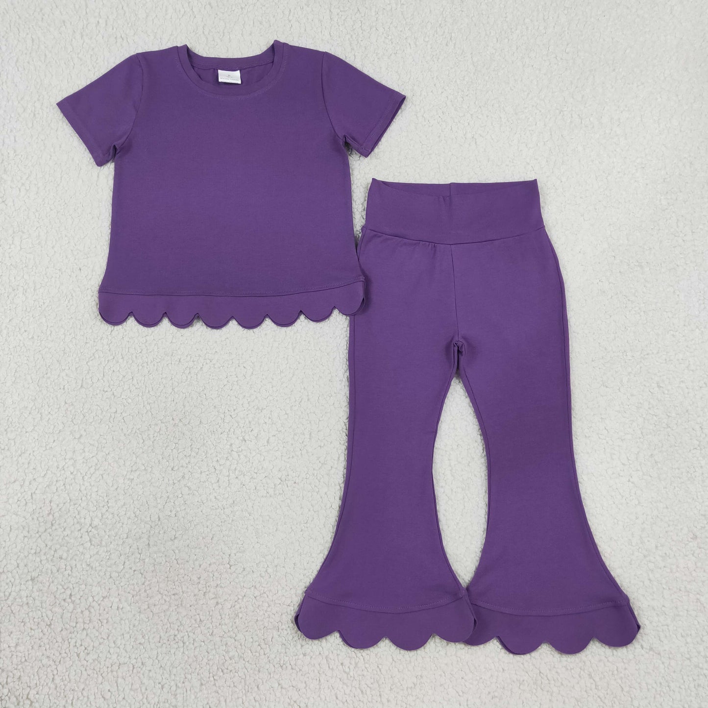 Baby Girls Purple Short Sleeve Shirts Top Flare Pant Scallop Clothes Sets