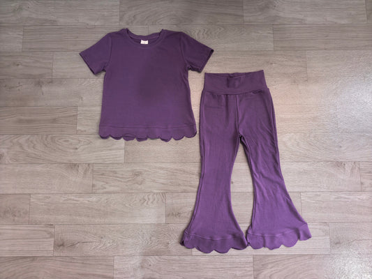 Baby Girls Purple Short Sleeve Shirts Top Flare Pant Scallop Clothes Sets Preorder