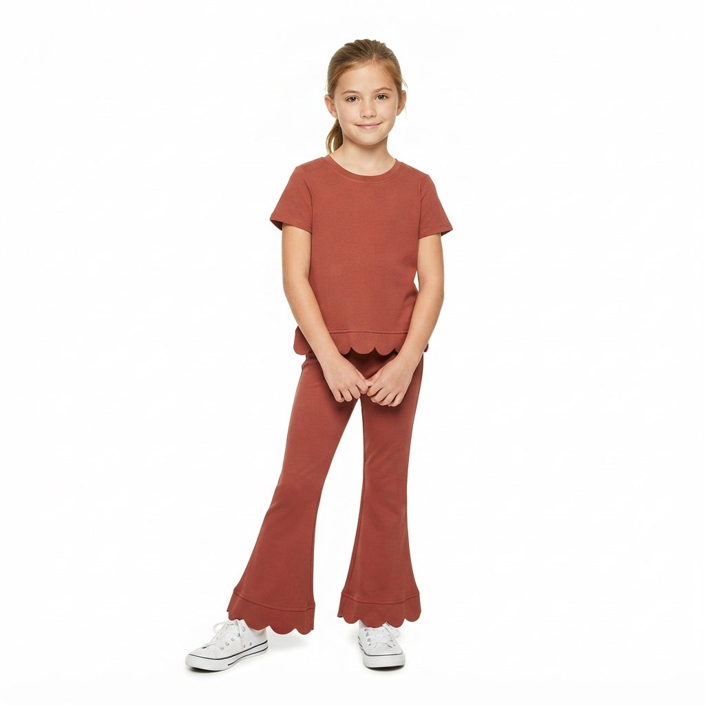 Baby Girls Brown Short Sleeve Shirts Top Flare Pant Scallop Clothes Set