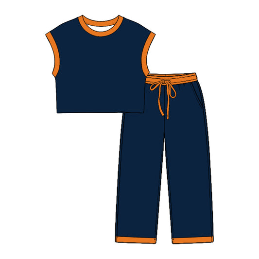 Preorder moq 5 Baby Girls Orange Navy Sleeveless Top Pockets Pants Clothes Sets
