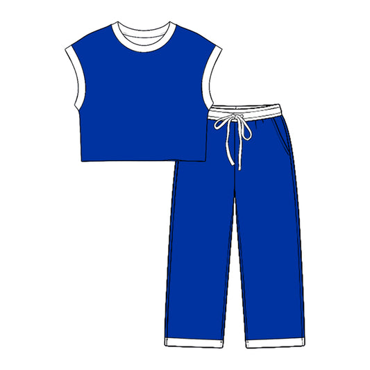 Preorder moq 5 Baby Girls White Blue Sleeveless Top Pockets Pants Clothes Sets