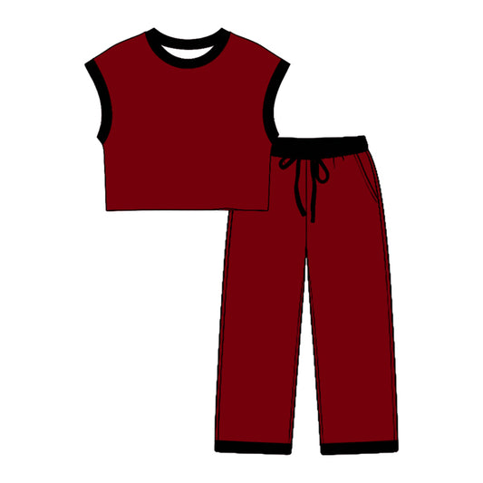 Preorder moq 5 Baby Girls Black Maroon Sleeveless Top Pockets Pants Clothes Sets