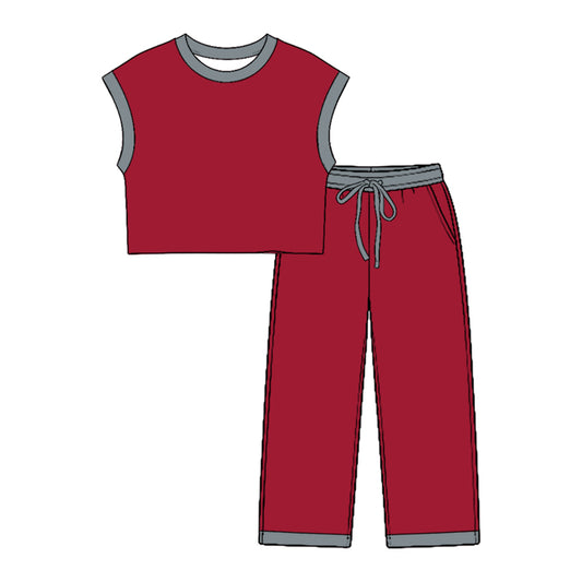 Preorder moq 5 Baby Girls Grey Red Sleeveless Top Pockets Pants Clothes Sets