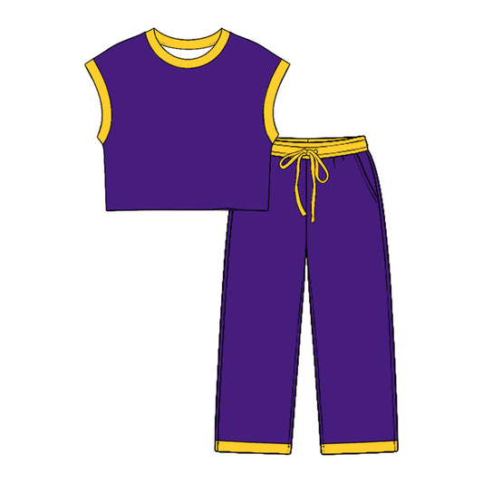 Preorder moq 5 Baby Girls Yellow Purple Sleeveless Top Pockets Pants Clothes Sets
