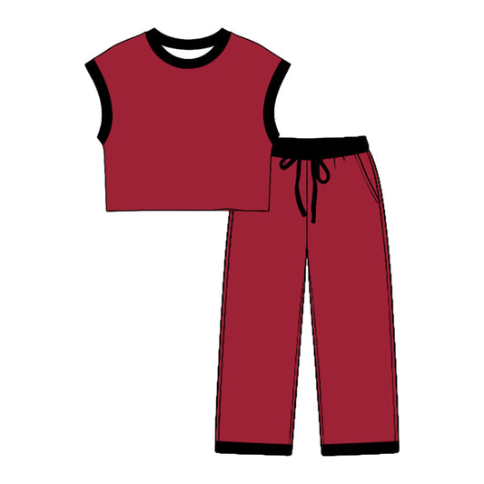 Preorder moq 5 Baby Girls Dark Red Black Sleeveless Top Pockets Pants Clothes Sets