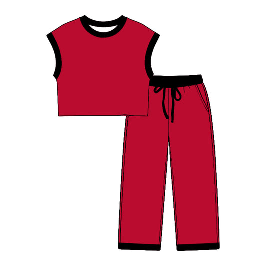 Preorder moq 5 Baby Girls Red Black Sleeveless Top Pockets Pants Clothes Sets