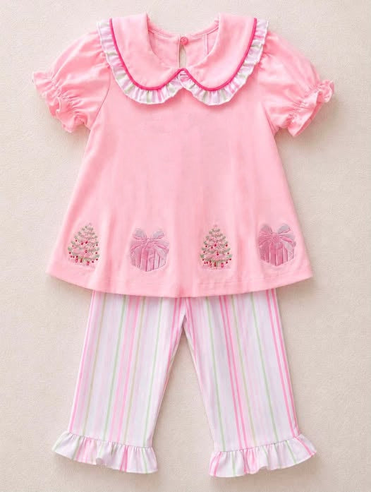 Preorder moq 5 Baby Girls Gifts Trees Tunic Stripe Ruffle Pant Christmas Clothes Sets