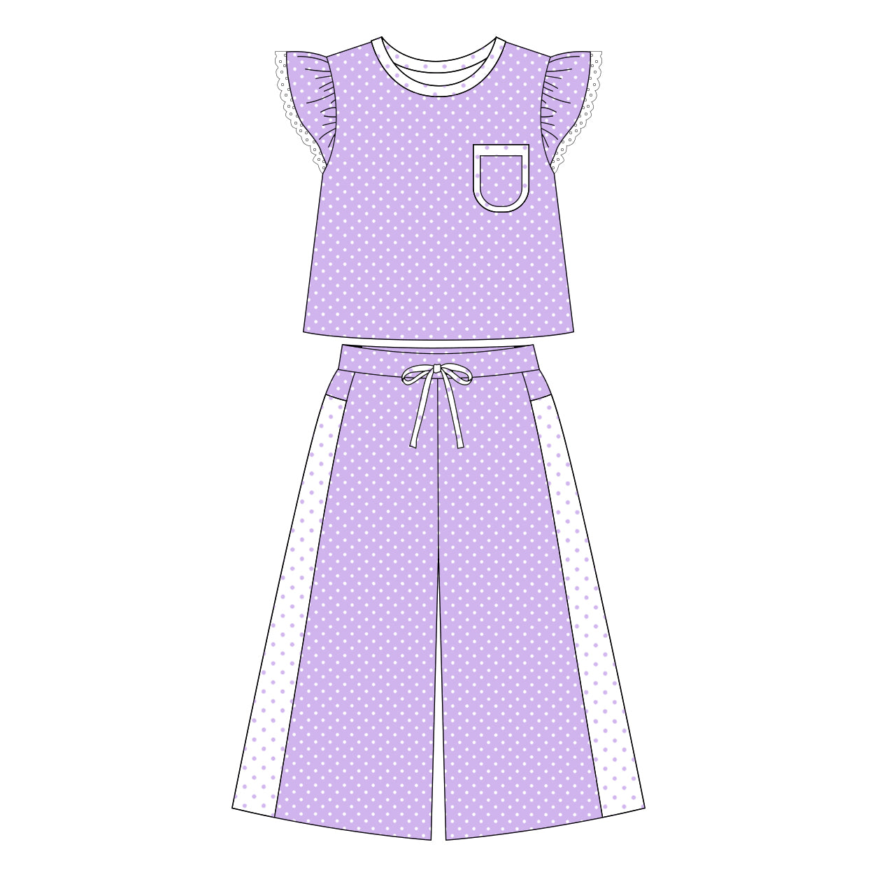 Preorder moq 5 Adult Women Purple Polka Dots Pocket Top Flare Pant Clothes Set
