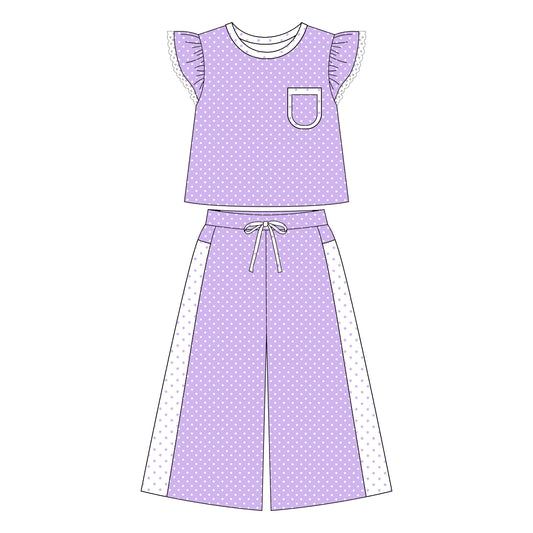 Preorder moq 5 Adult Women Purple Polka Dots Pocket Top Flare Pant Clothes Set