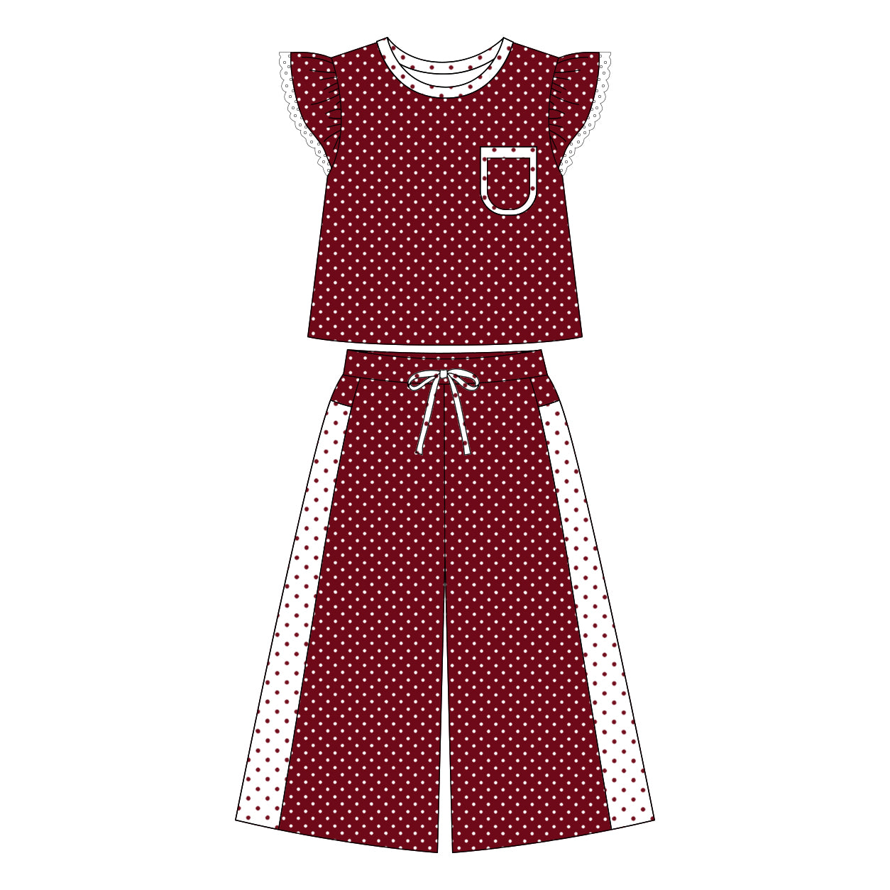 Preorder moq 5 Adult Women Maroon Polka Dots Pocket Top Flare Pant Clothes Set