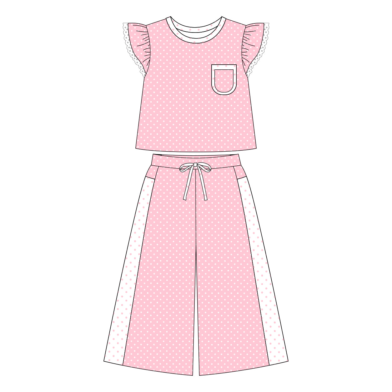 Preorder moq 5 Adult Women Pink Polka Dots Pocket Top Flare Pant Clothes Set