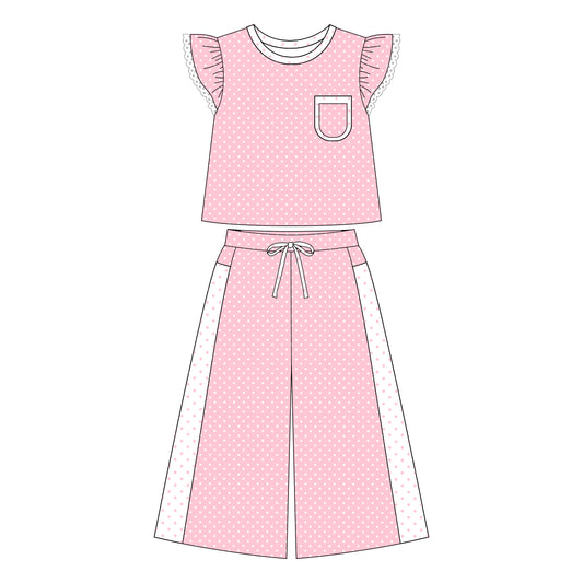 Preorder moq 5 Adult Women Pink Polka Dots Pocket Top Flare Pant Clothes Set
