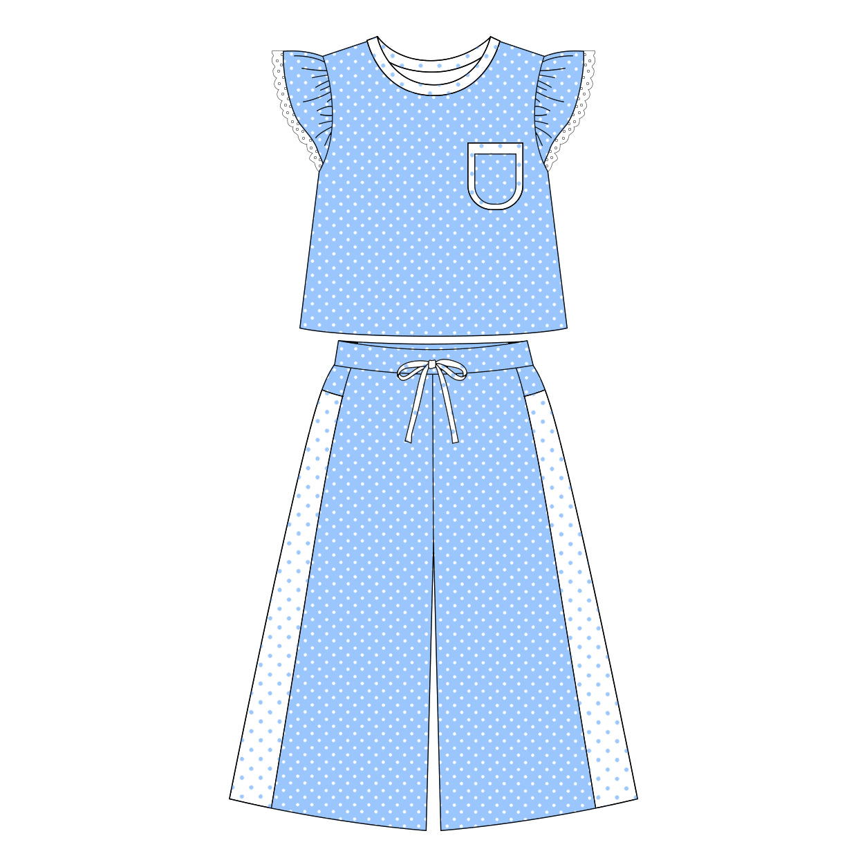 Preorder moq 5 Adult Women Blue Polka Dots Pocket Top Flare Pant Clothes Set