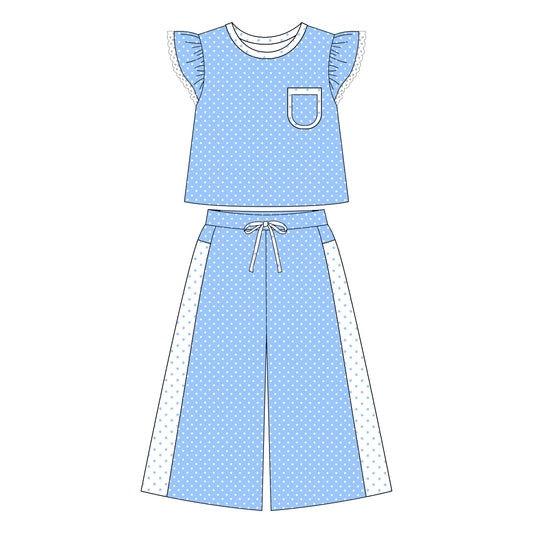 Preorder moq 5 Adult Women Blue Polka Dots Pocket Top Flare Pant Clothes Set