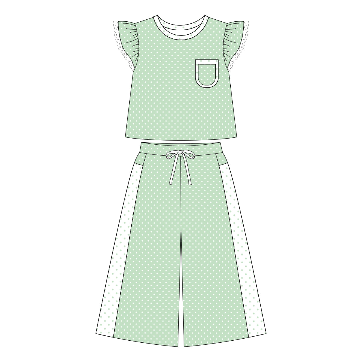 Preorder moq 5 Adult Women Green Polka Dots Pocket Top Flare Pant Clothes Set