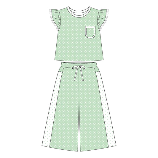 Preorder moq 5 Adult Women Green Polka Dots Pocket Top Flare Pant Clothes Set